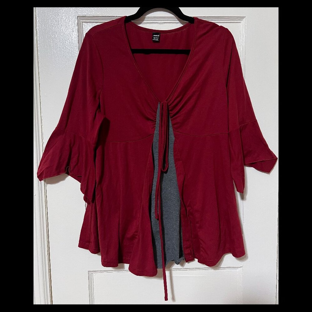 SHEIN Womens Red/Gray 3/4 Sleeve Vneck Button Detail Top XL EUC
